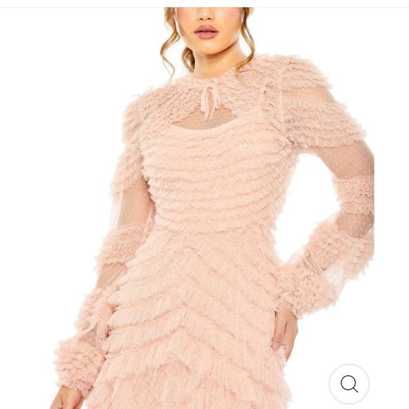 Mac Duggal High Neck Puff Long Sleeve Ruffle Tiered Gown - Picture 3 of 5